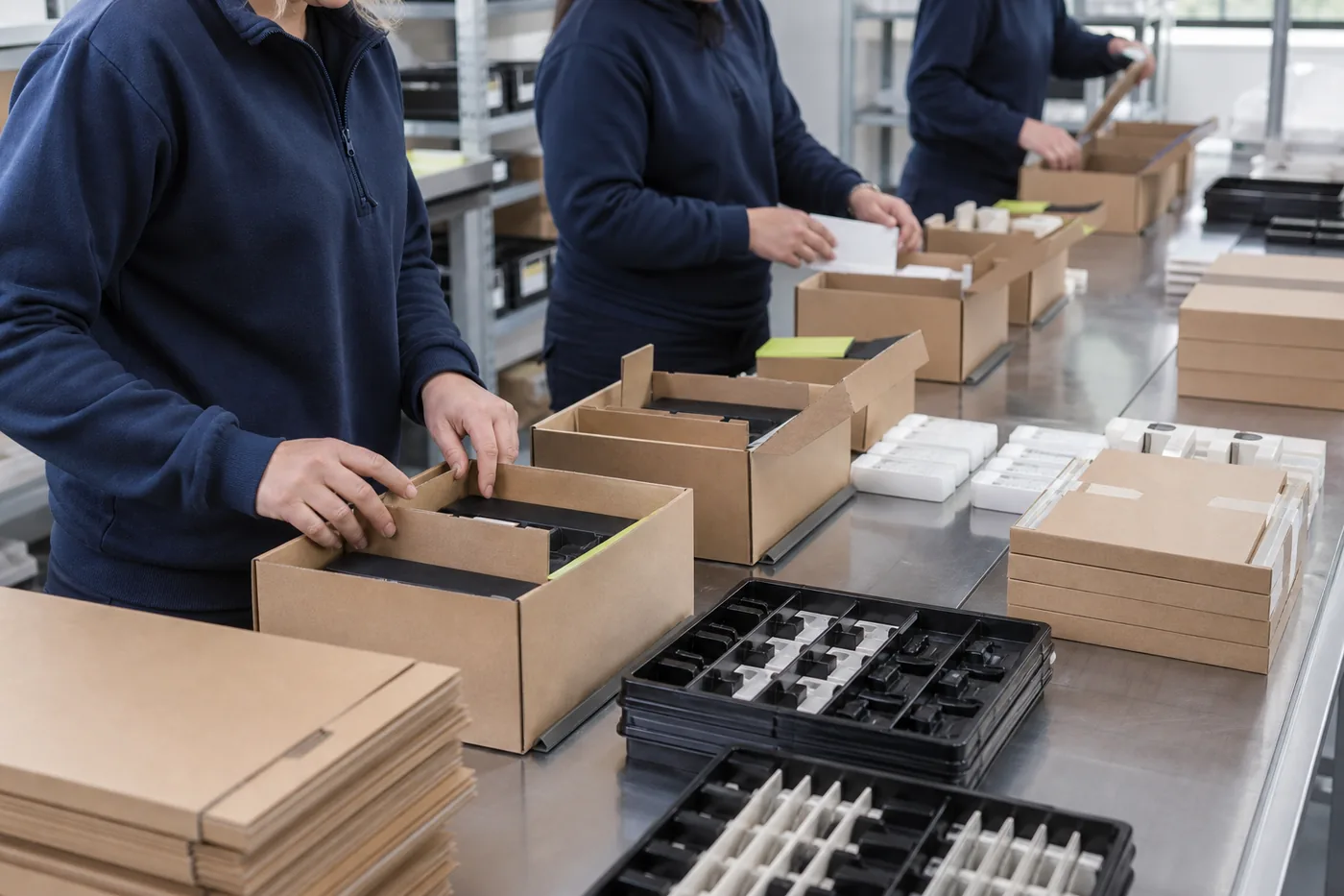 People placing components into cardboard cartons at a workbench.