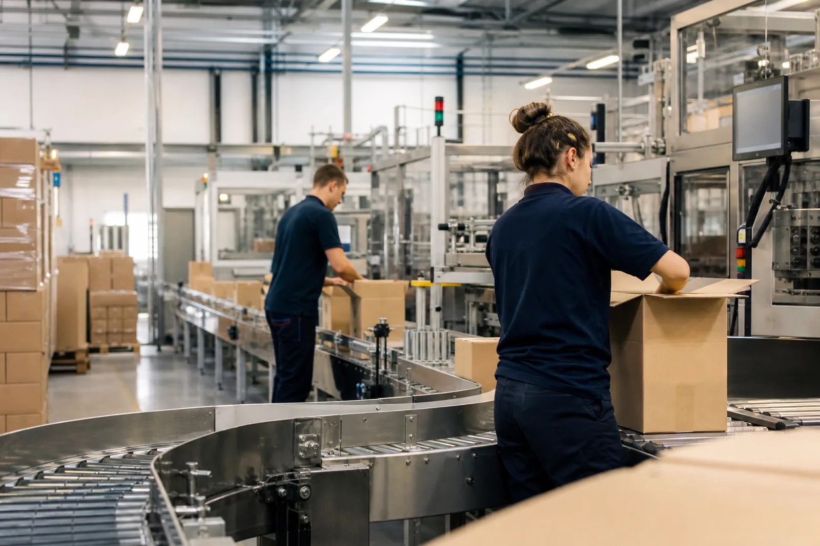 People handling cardboard cartons beside a conveyor.