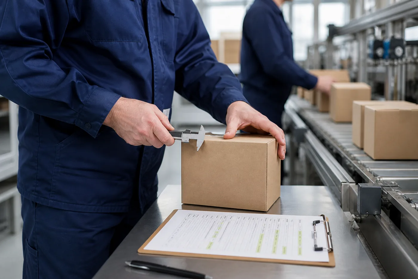 Person holding a caliper against a cardboard carton beside a clipboard.